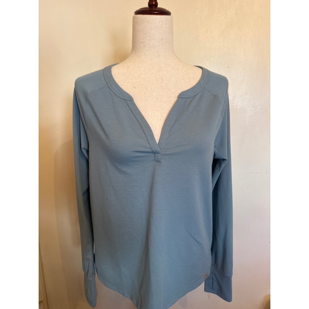 LL Bean Beyond Soft Ribbed Long Sleeve Split Neck Tee Blue Small